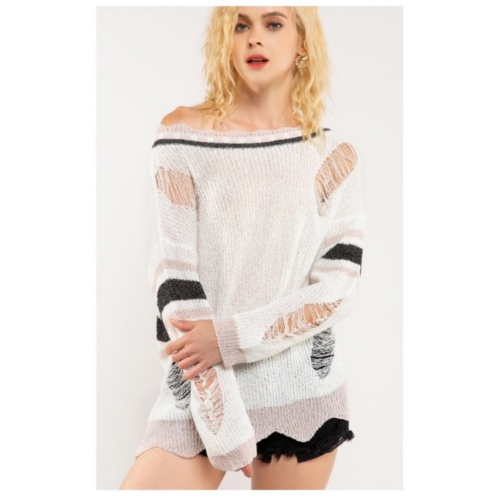 POL Distressed Striped Sweater